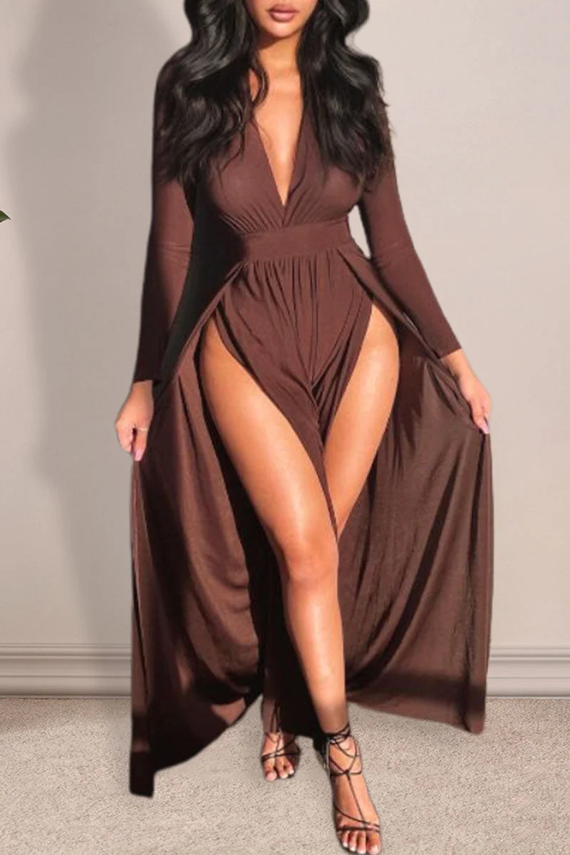 Fashion Sexy Solid Slit V Neck One Step Skirt Dresses