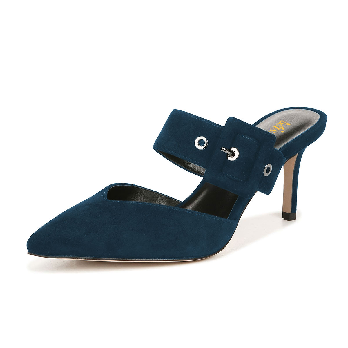 Navy Pointed Toe Buckle Strap Mules for Women with Stiletto Heel Nicepairs