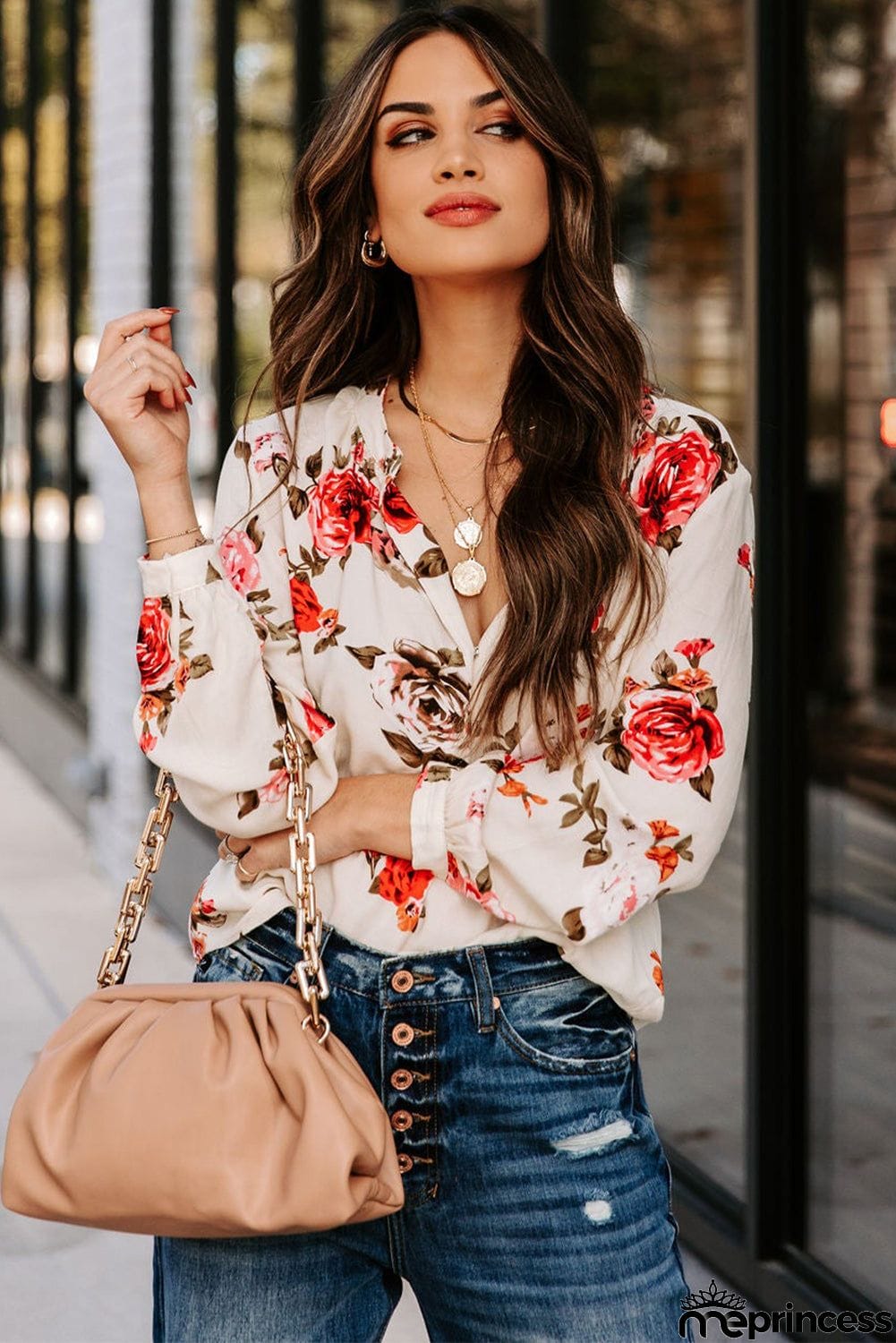 Beige Floral Print V Neck Button Down Blouse