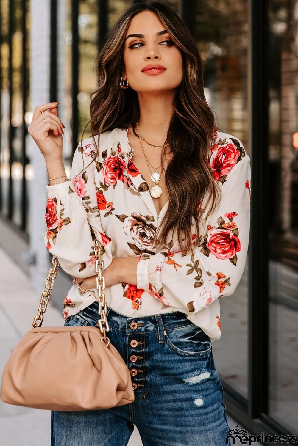 Beige Floral Print V Neck Button Down Blouse