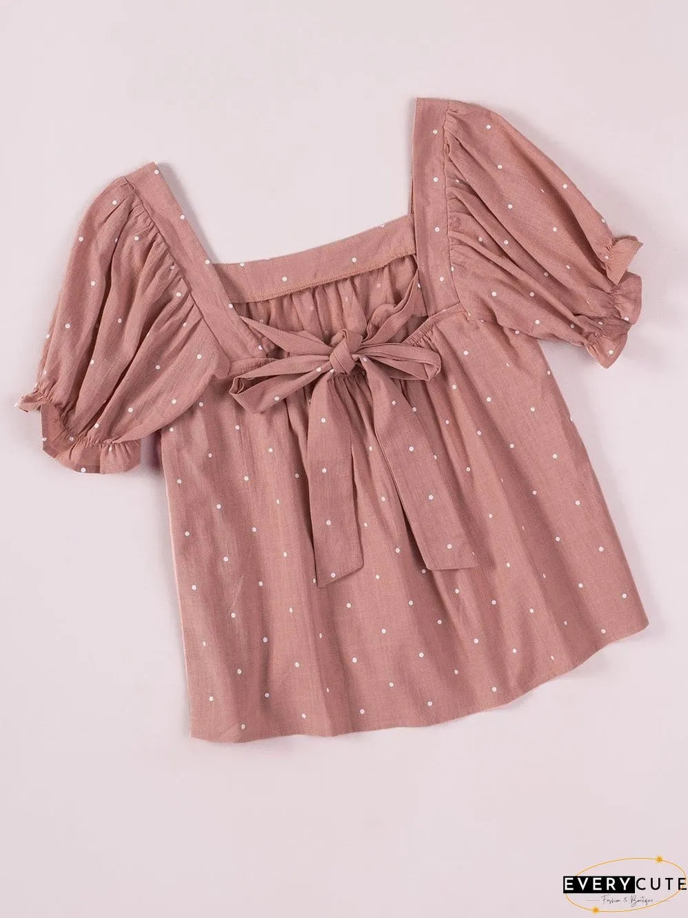 Pink Polka Dot Square Neck Puff Sleeve Blouse with Tie Back