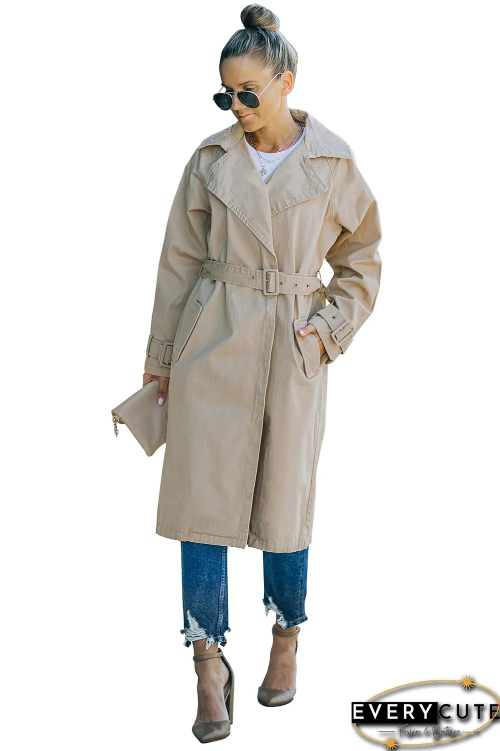 Khaki Runway Style Belted Long Trench Coat