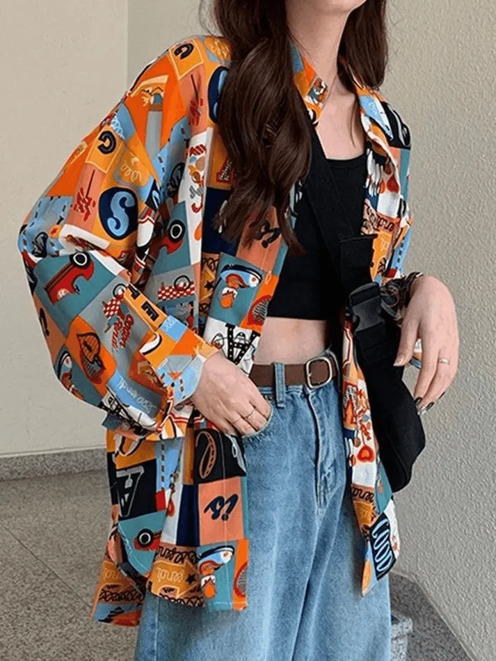 Brownm Vintage Mixed Print Long Sleeve Blouse