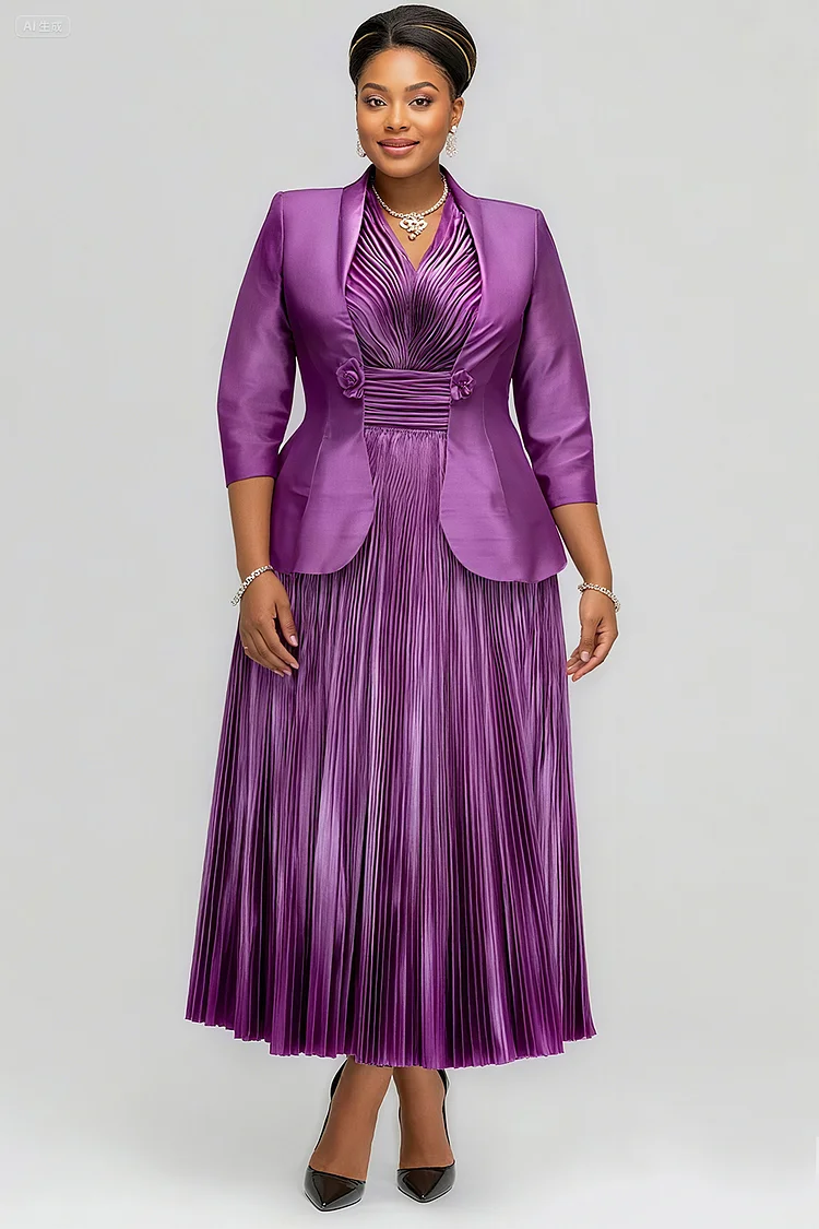 Xpluswear Design Plus Size Mother Of The Bride Purple V Neck Pleated Elegant 3D Two Piece Dress Set 2024 - Xpluswear