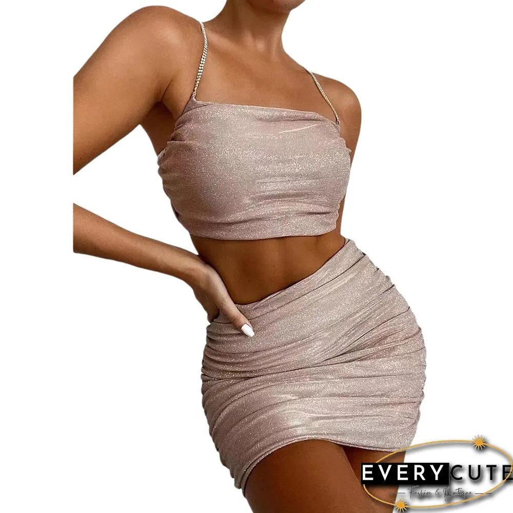 Pink Rhinestones Pleated 2pcs Tube Top and Skirt Set