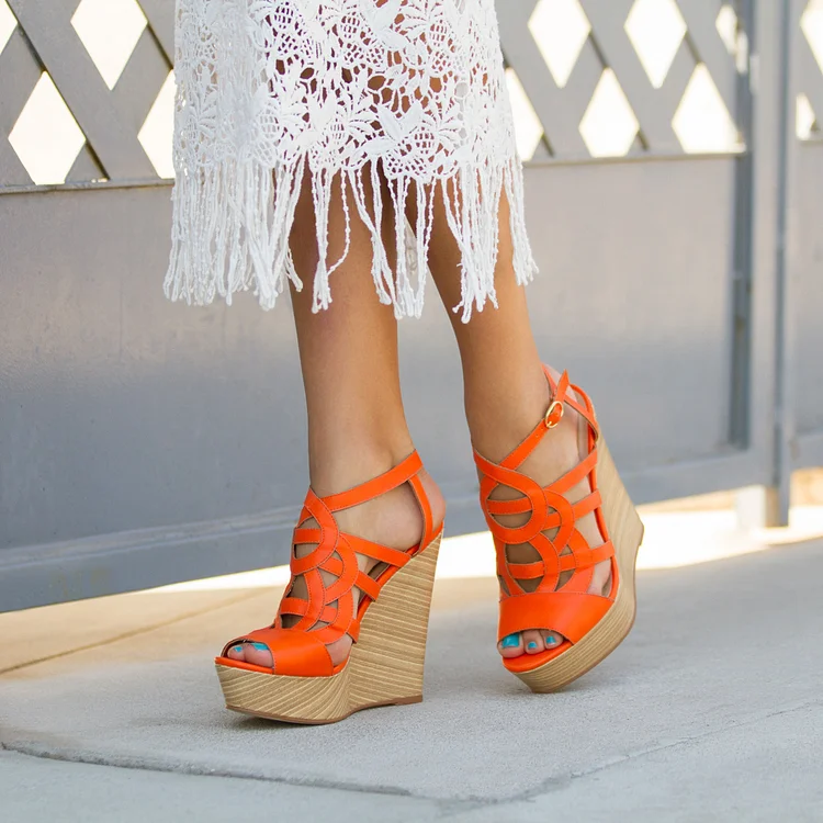 Orange Platform Heels Peep Toe Laser Cut Ankle Strap Wedge Sandals |FSJ Shoes
