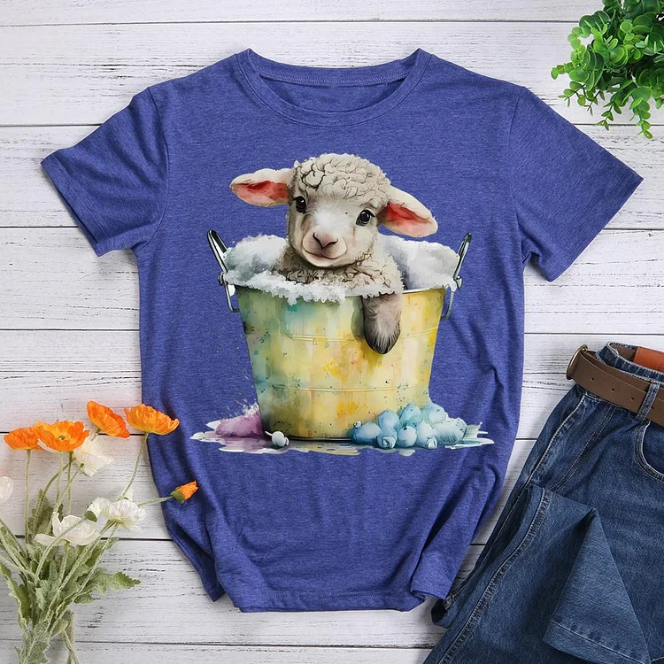 Farm sheep bathing Round Neck T-shirt-0020579