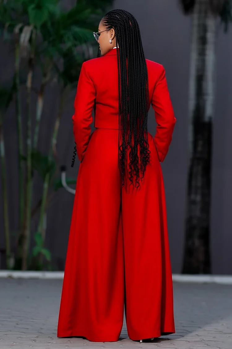 Long Sleeve Crop Blazer Wide Leg Pants Matching Set-Red [Pre Order]