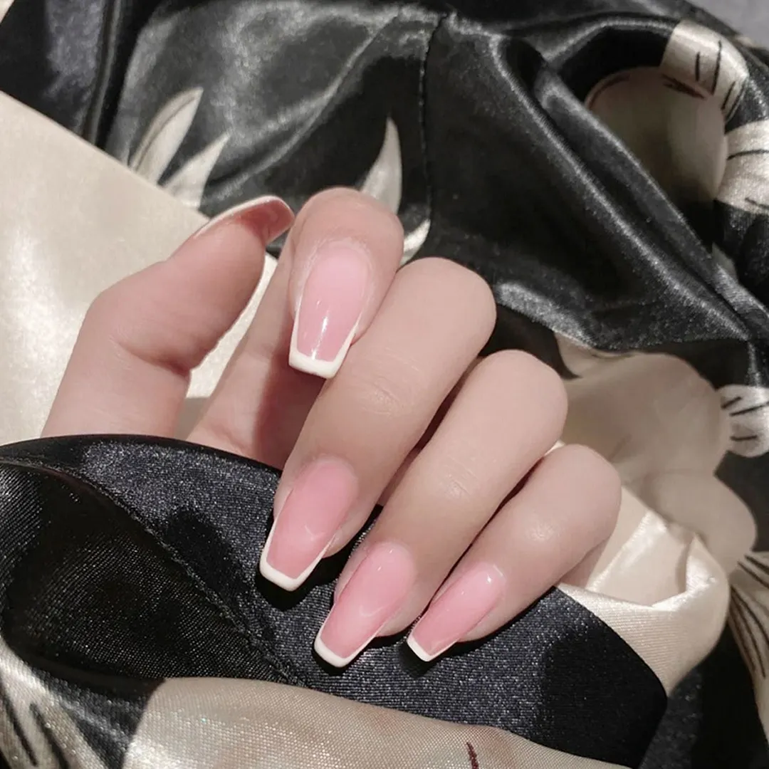 24pcs/box Middle length Ballet nude pink Color false nails with design with heart pattern artificial nails with jelly glue