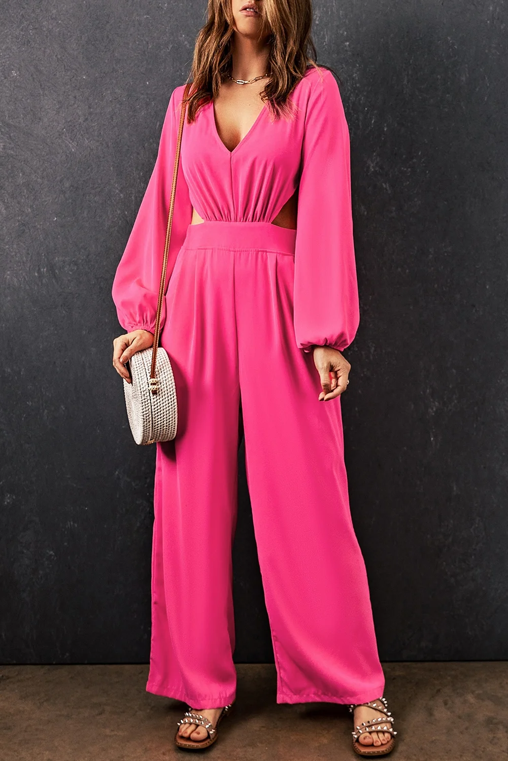 Red V Neck Bubble Sleeve Cut out Waist Wide Leg Jumpsuit | IFYHOME