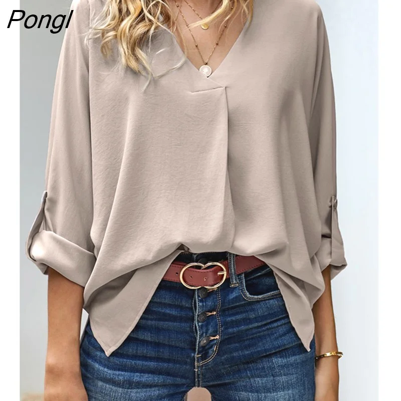 Pongl New Spring Summer V Neck Loose Large Size Chiffon Shirts Long Sleeve Solid Color Blouse Casual Fashion Korean Women Clothes