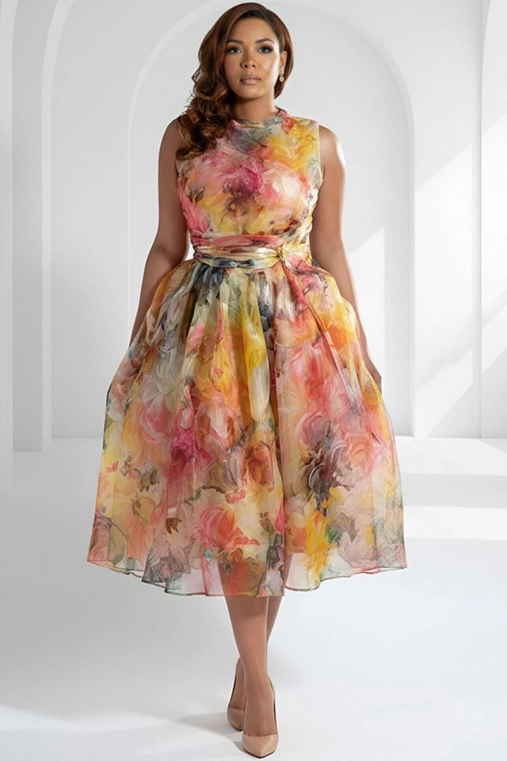 Xpluswear Design Plus Size Wedding Guest Multicolor Floral Round Neck Pocket Organza Midi Dresses 2024 - Xpluswear