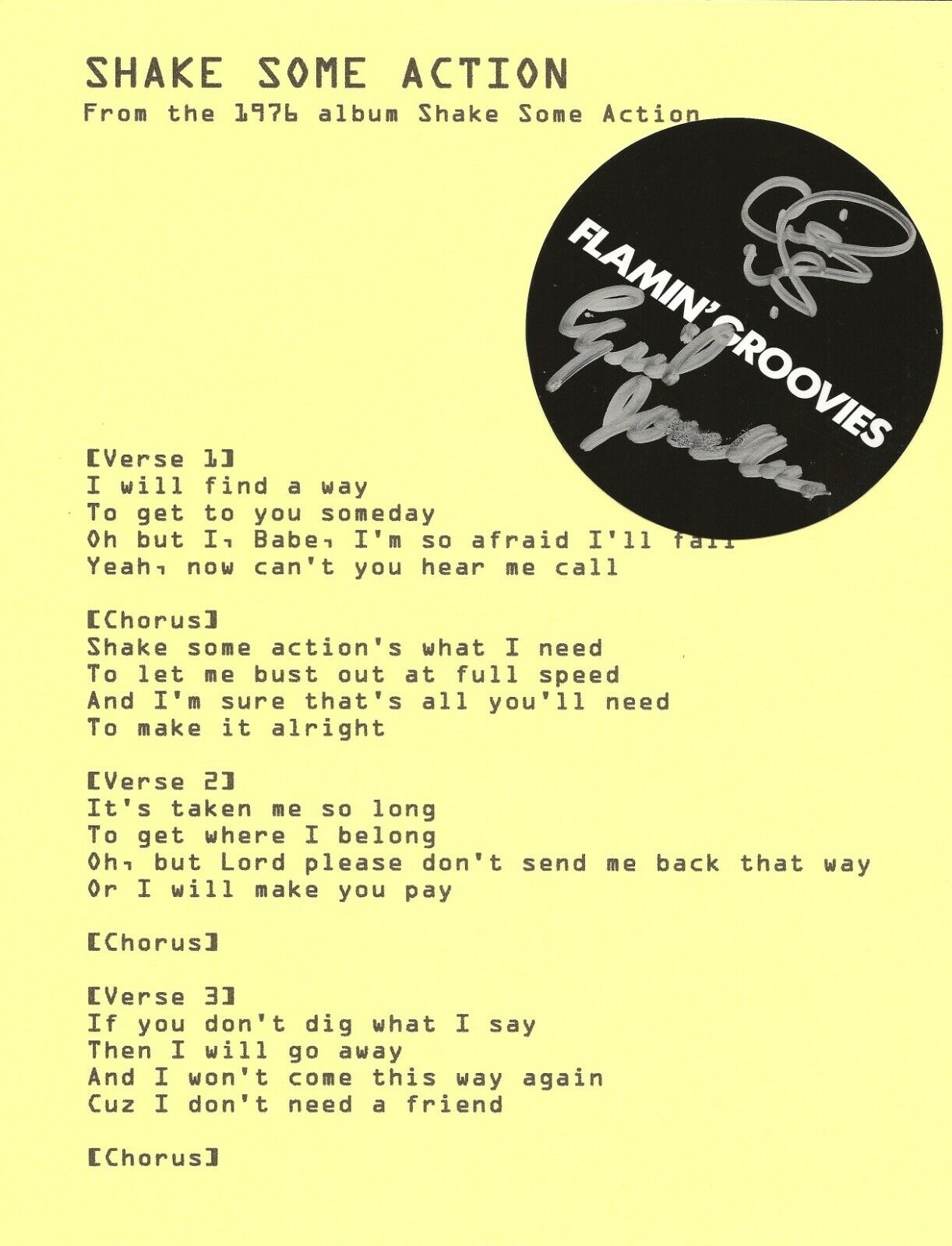 Flamin' Groovies REAL hand SIGNED Shake Some Action lyric sheet COA