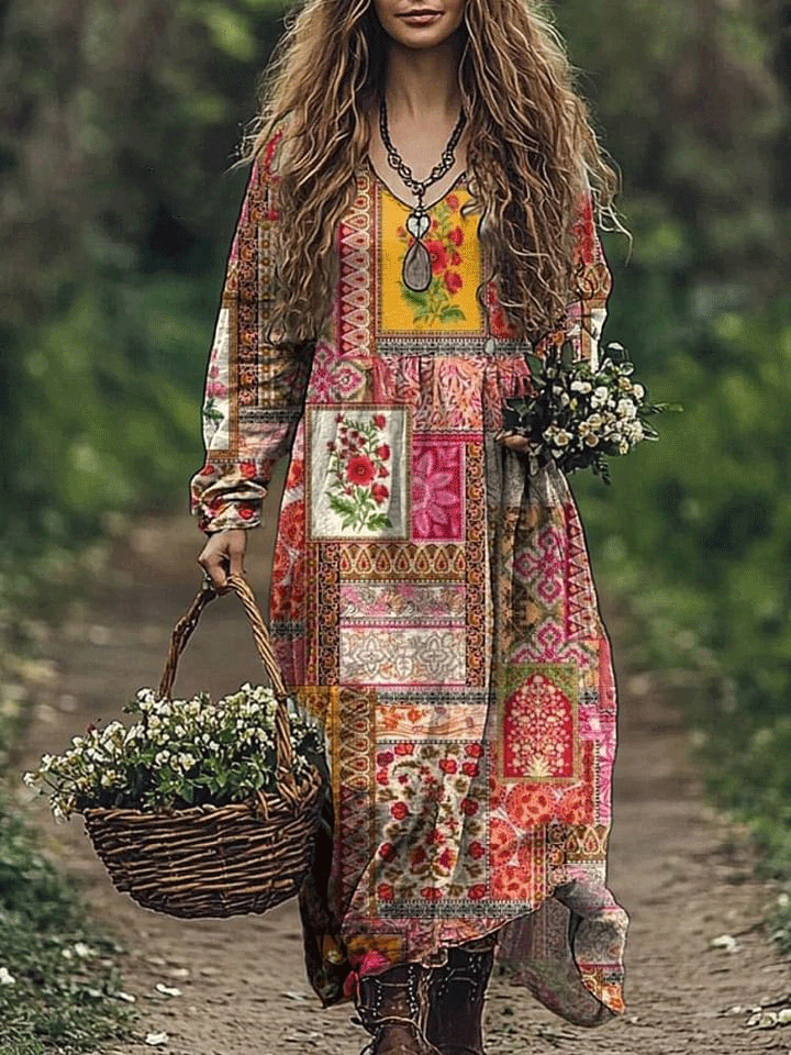 Bohemian Style Pattern Printed Women's Pocket Cotton Dress