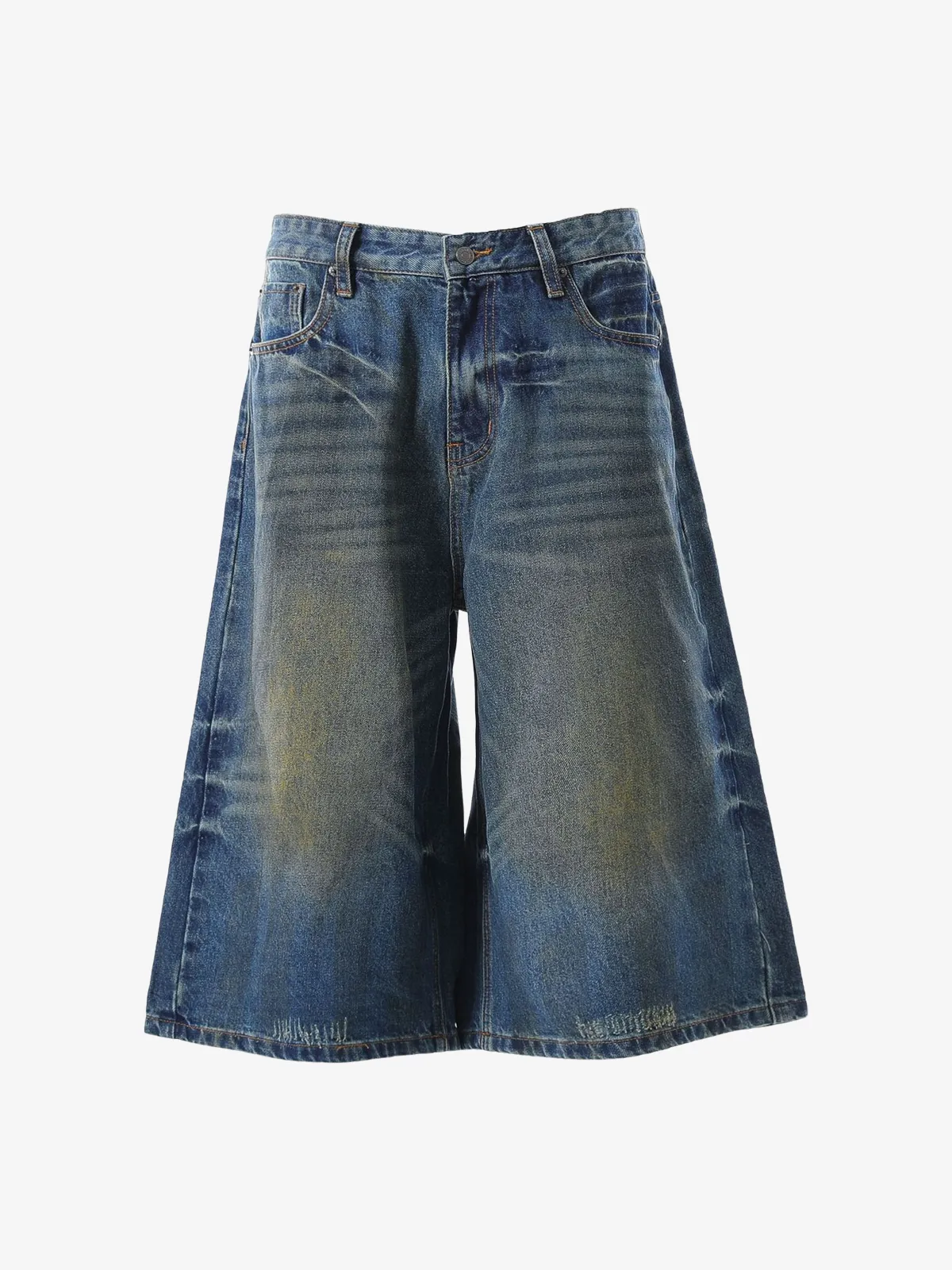 Blue Actchic Washed Whiskered Distressed Longline Jorts Front