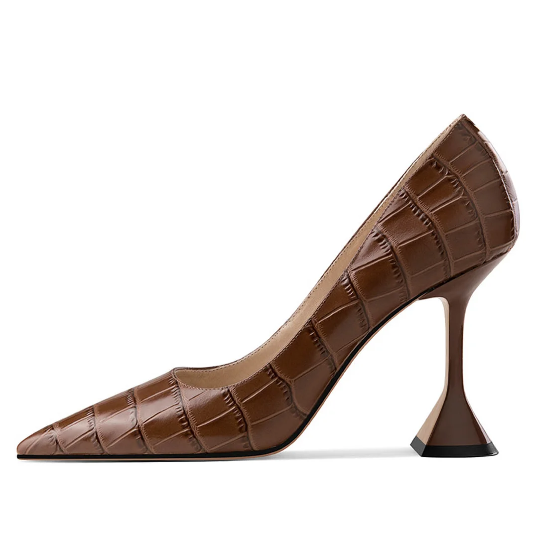 Brown Pointed Toe Women's High Heels Croco Embossed Pumps Shoes