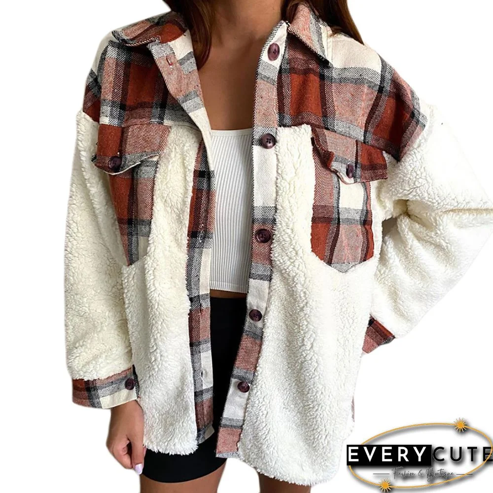 Spliced Brown Plaid Print Lamb Velvet Warm Jacket