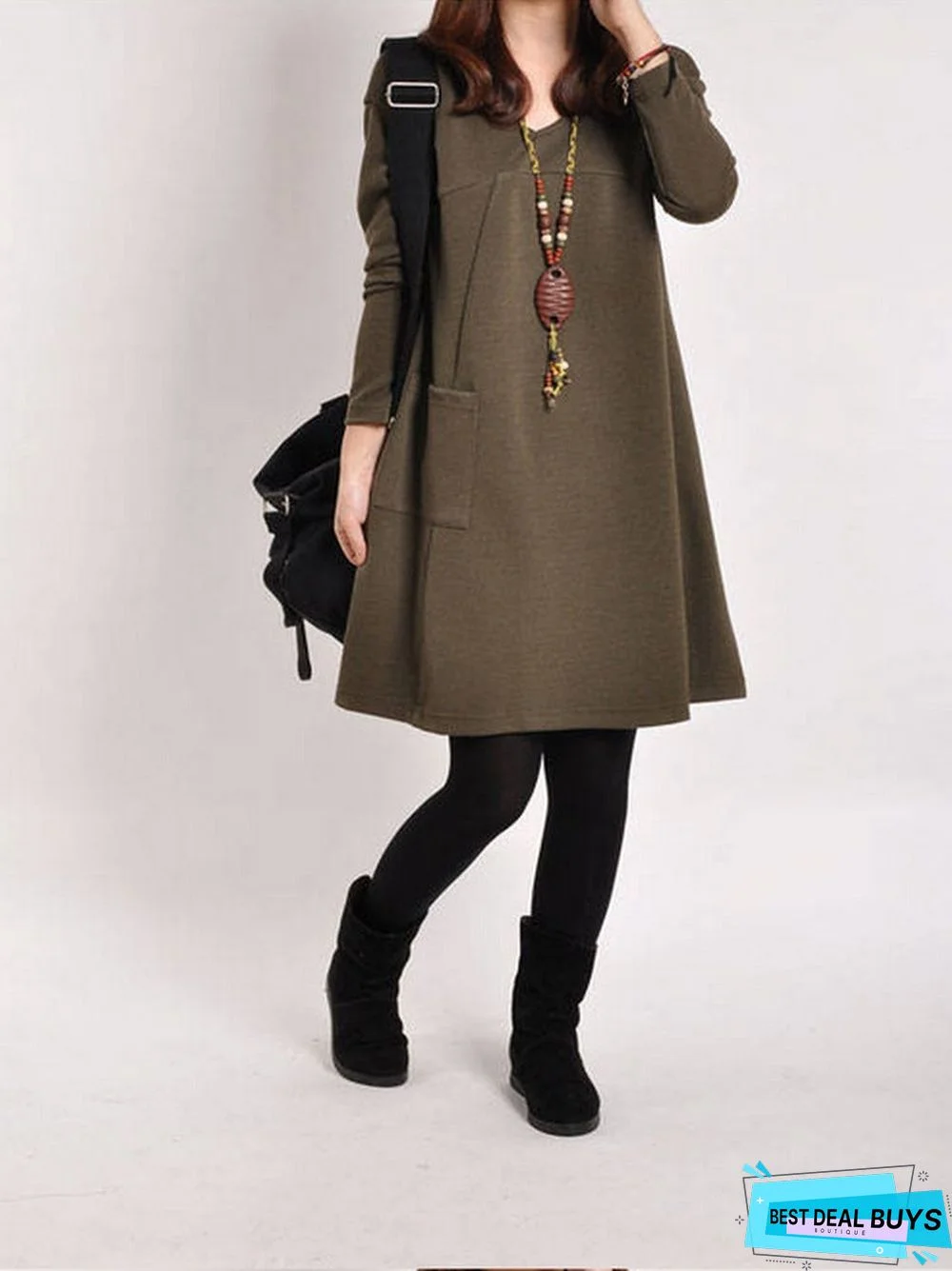 Long Sleeve Plain Pockets Casual Fall Dresses