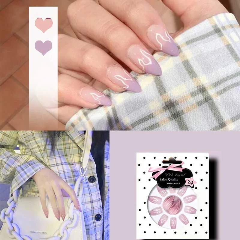 24pcs 4 Fire Patterns Design Cool Girls Hand Decorative False Nails with Glue Full Cover Detachable false nails with designs-Nail Inspo