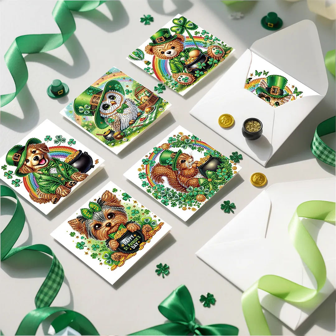 6Pcs St.Patrick Day DIY Diamond Painting Greeting Card Set with Envelopes Diamond Art Handmade Cards for Beginner Adult Holiday Gifts
