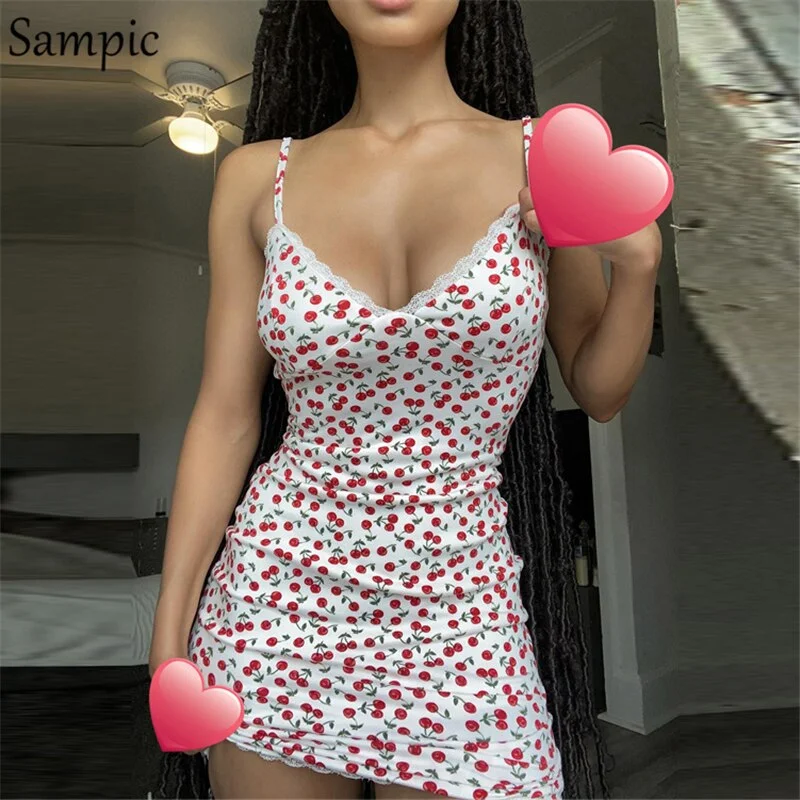 Sampic Y2K Korean Fashion Lace Patchwork Summer Beach Floral Print Mini Strap Dress Women Party 2021 Sleeveless Bodycon Dress