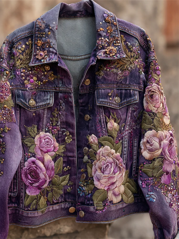Elegant Purple Roses Glitter Embroidered Dyed Denim Jacket