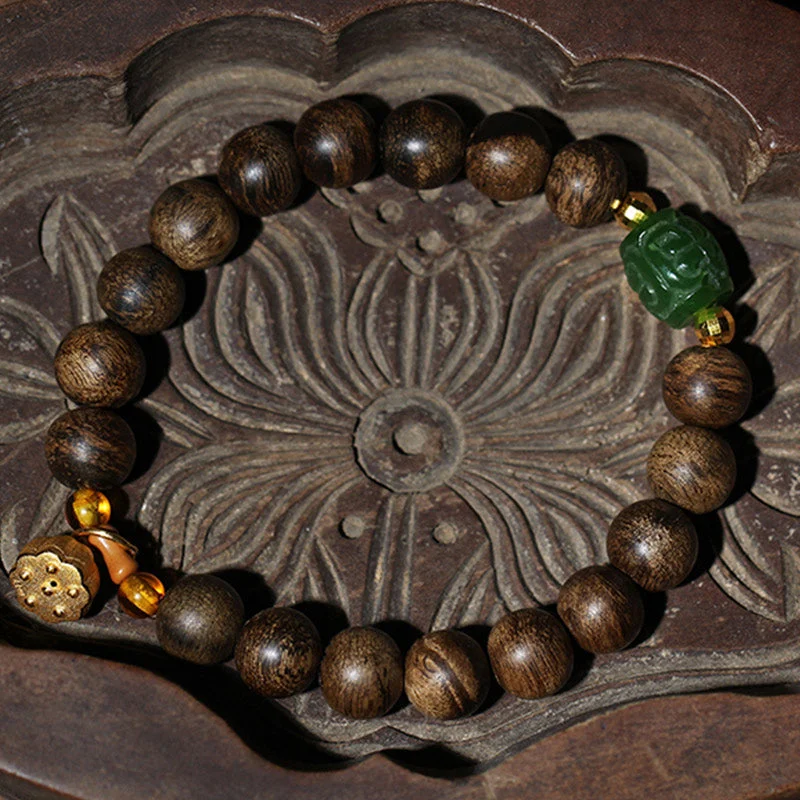 999 Gold Brunei Agarwood Cyan Jade Lotus Flower Peace Strength Bracelet