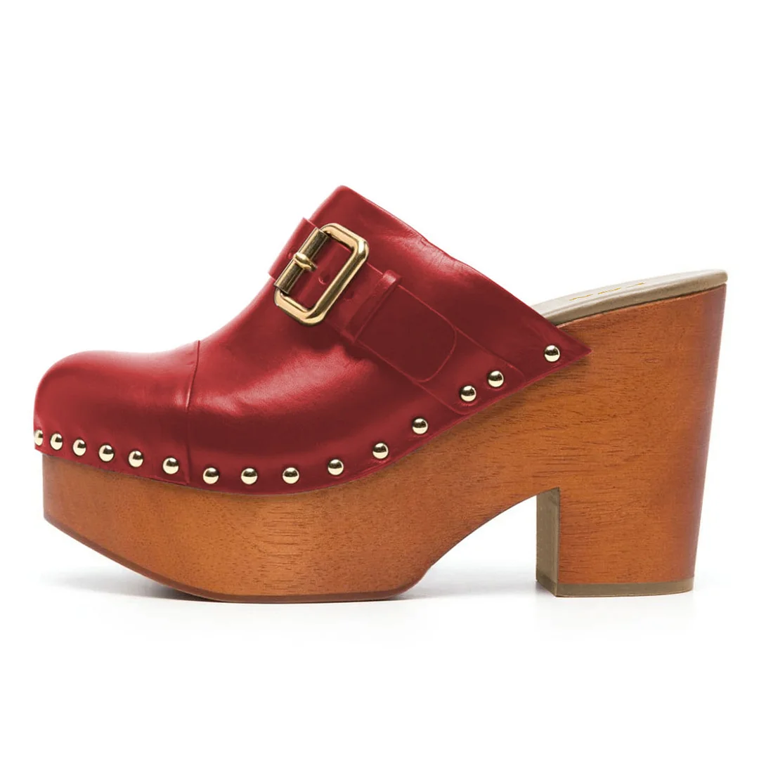 Red Pull-On Studs Buckle Strap Block Heel Platform Mules for Women