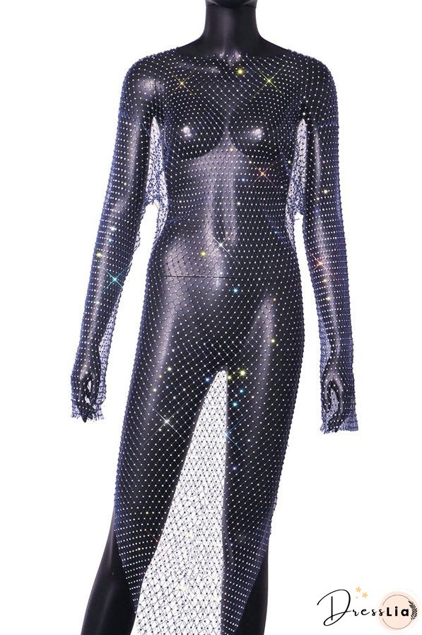 Best Layering Items Diamond Mesh Wide Neck Long Sleeve Slit Cover-up Maxi Dress