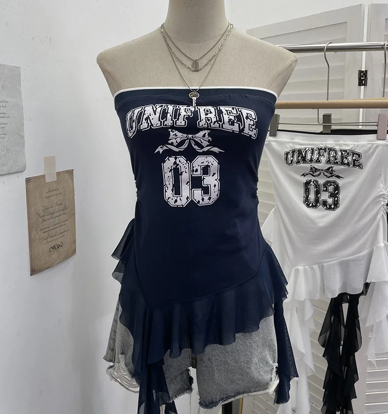 Nigikala Nigikala Shooting Retro Letter Print Bump Color Palette Vest Body Splicing Mesh Yarn With Hottie Top 8089