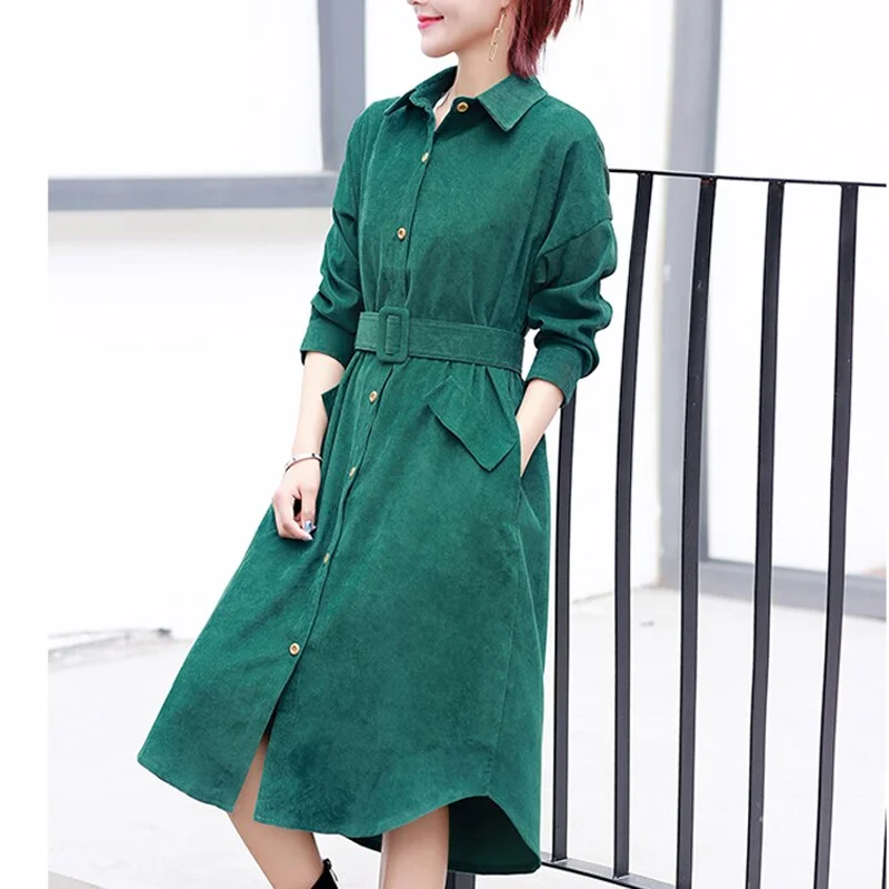 Zoki Vintage Women Corduroy Dress Autumn High Waist Belt Tunic A Line Elegant Party Midi Dress Casual Long Sleeve Pocket Vestido