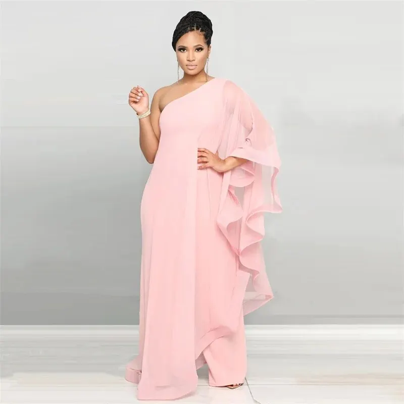 Brownm Chiffon One Shoulder Wide Leg Jumpsuit Women Night Party Birthday Outfits One Piece Romper Overalls Combinaison Femme