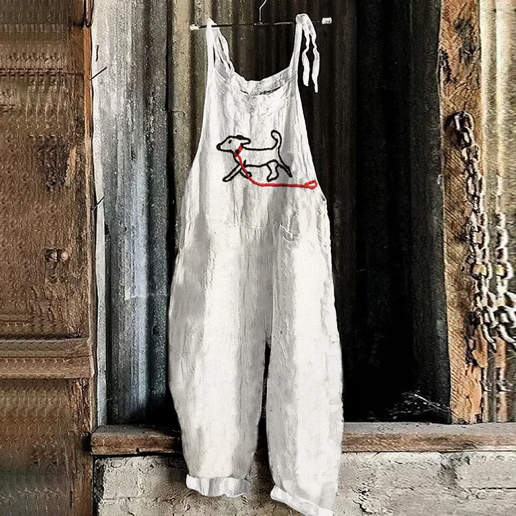 Women'S Red Rope Puppy Pattern Loose Jumpsuit
