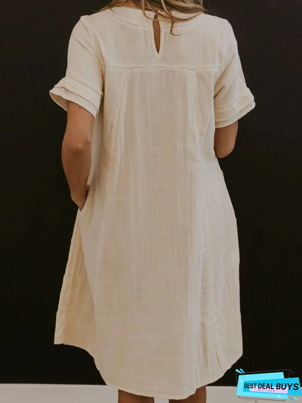 Beige Floral-Embroidered Short Sleeve Weaving Dress