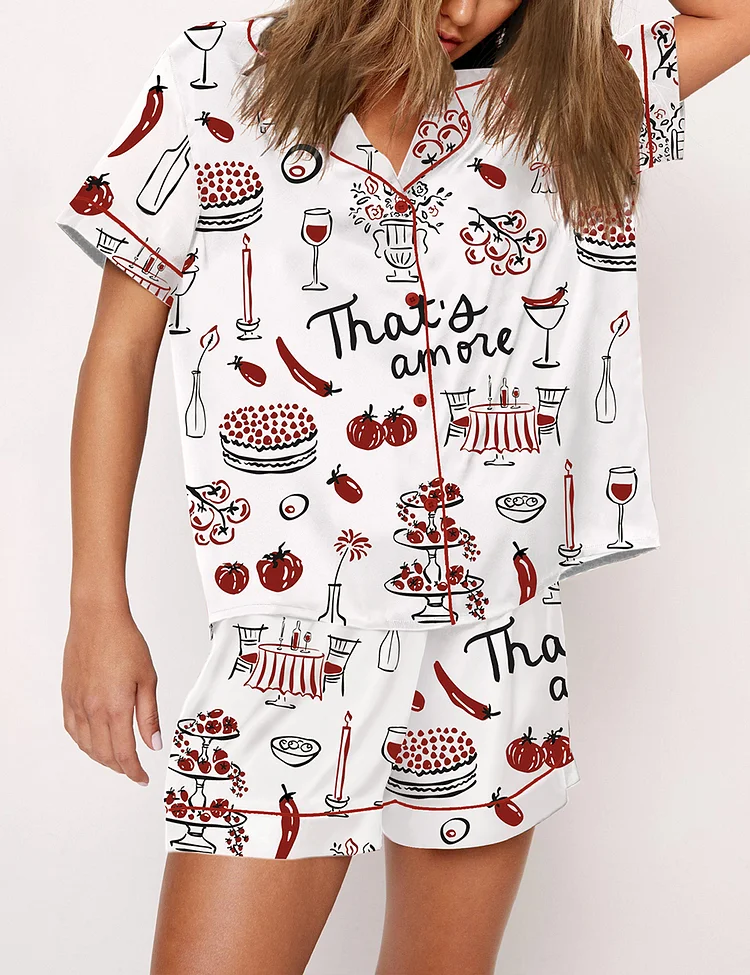 Women’s Hand Drawn Whimsical Illustrations Of Italian Food Italian Wedding Print Short Sleeve Satin Pajama Set