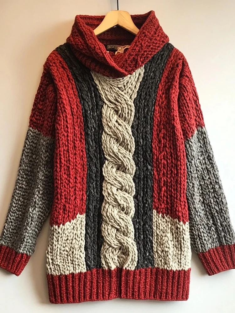 Classic Celtic Jacquard Contrast Color Cozy Chunky Hooded Sweater