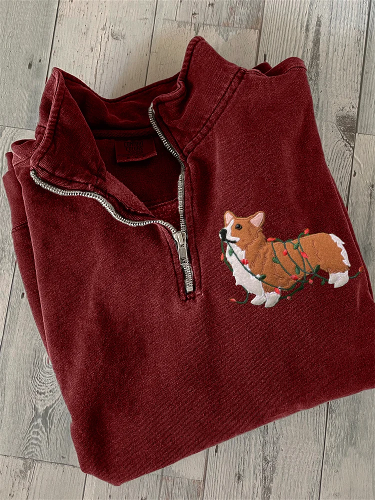 Funny Christmas Corgi Dog Embroidered Zip Up Sweatshirt