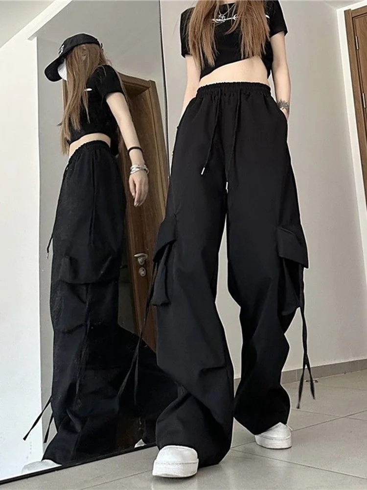 Women Cargo Pants Streetwear Y2K Hip Hop Black Trousers Fashion High Waist Lace Up Female Loose Design Pants