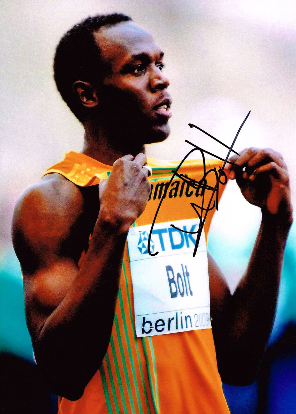 Usain Bolt GENUINE SIGNED Jamaican Sprinter 16x12 Huge Photo Poster painting AFTAL Autograph COA