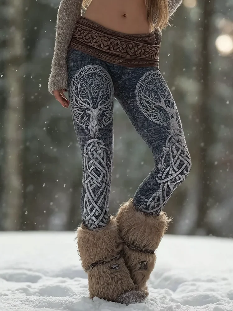 Vintage Viking Celtic Style Deer Pattern Women's Tight-fitting Leggings