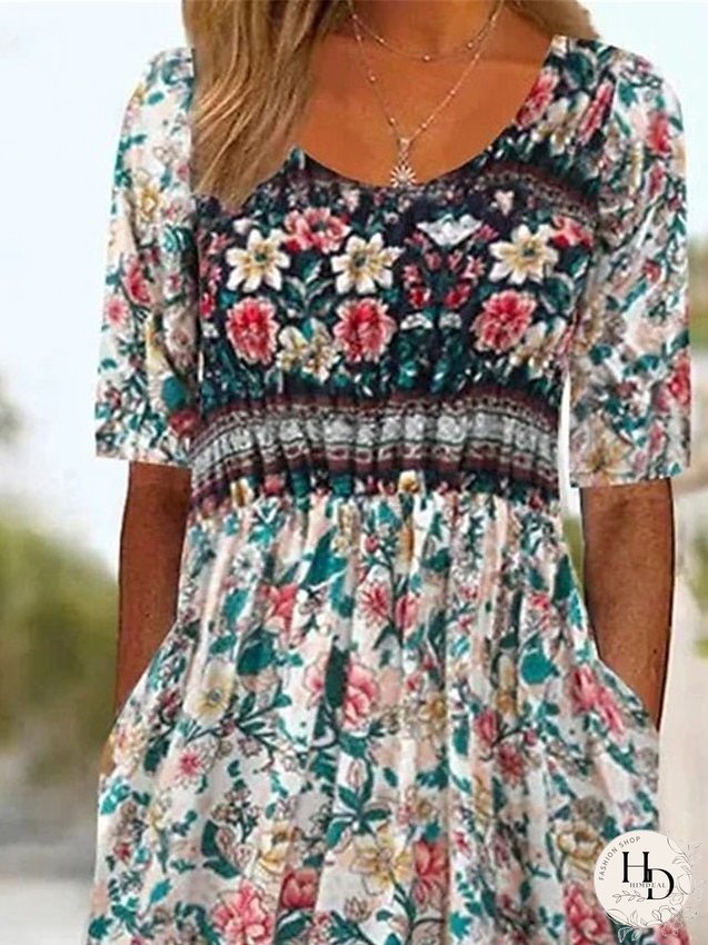 Casual Dress Summer Dress Boho Dress Floral Ruched Pocket Crew Neck Midi Dress Fashion Modern Outdoor Daily Short Sleeve Regular Fit Pink Dark Blue Light Blue Summer Spring S M L XL XXL for Women