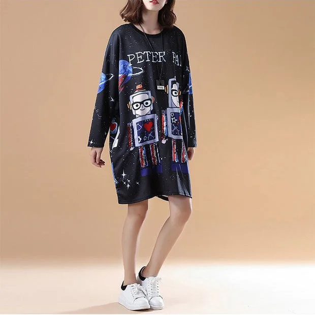cartoon print 2021 fall black cotton casual dresses plus size long sleeve fashion shift dress