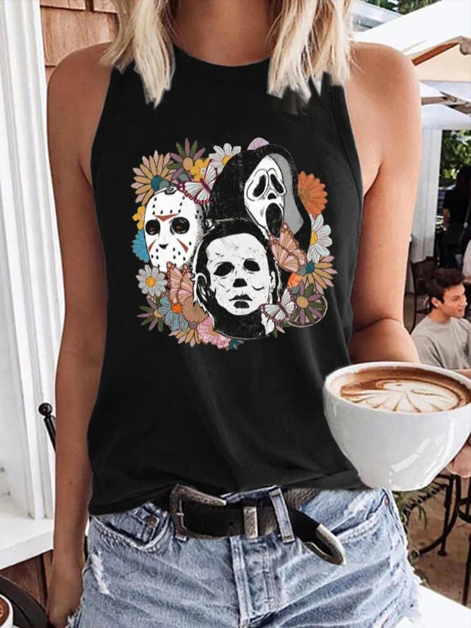 Women's Ghost Floral Print Round Neck Sleeveless Tank Top