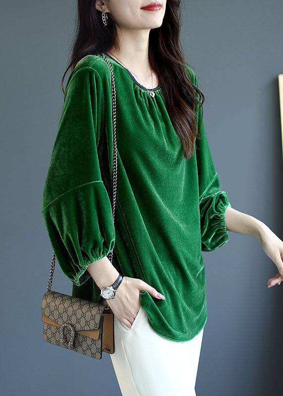 Green Patchwork Velour Casual Shirt Tops Spring CK2018- Fabulory
