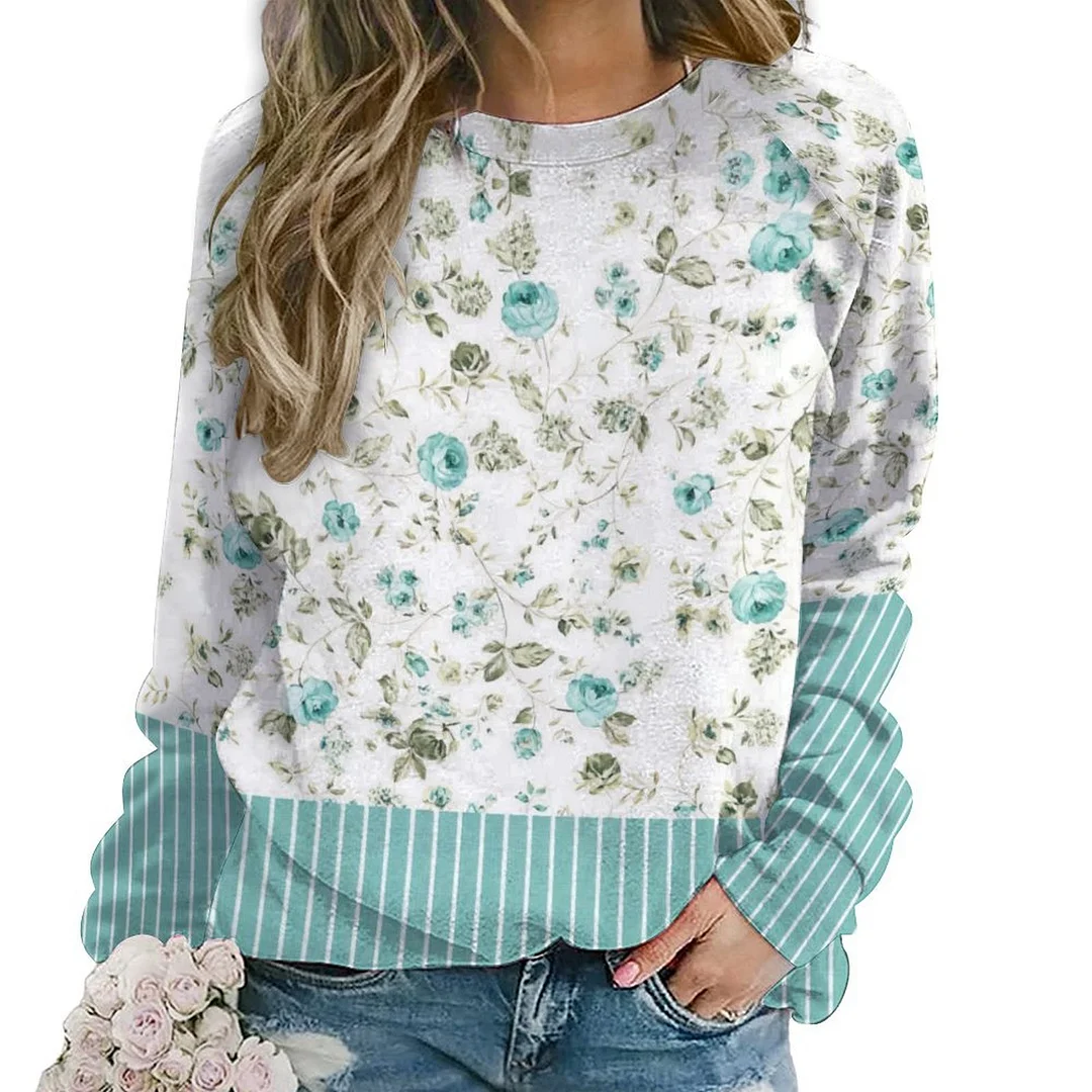Printed Long Sleeve Casual Sweatshirt for  Women and Men Unisex Pattern Floral, Blue, Striped