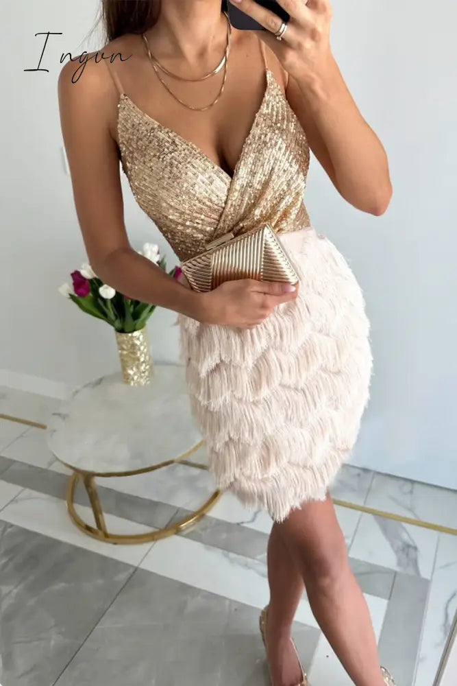 Ingvn - Sexy Solid Contrast V Neck Sling Dress Dresses Champagne / S Dresses/Party