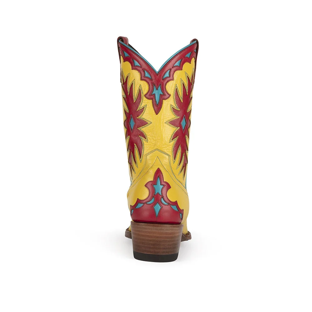 Red & Yellow Stacked Heel Decorative Inlay Wide Calf Cowgirl Boots