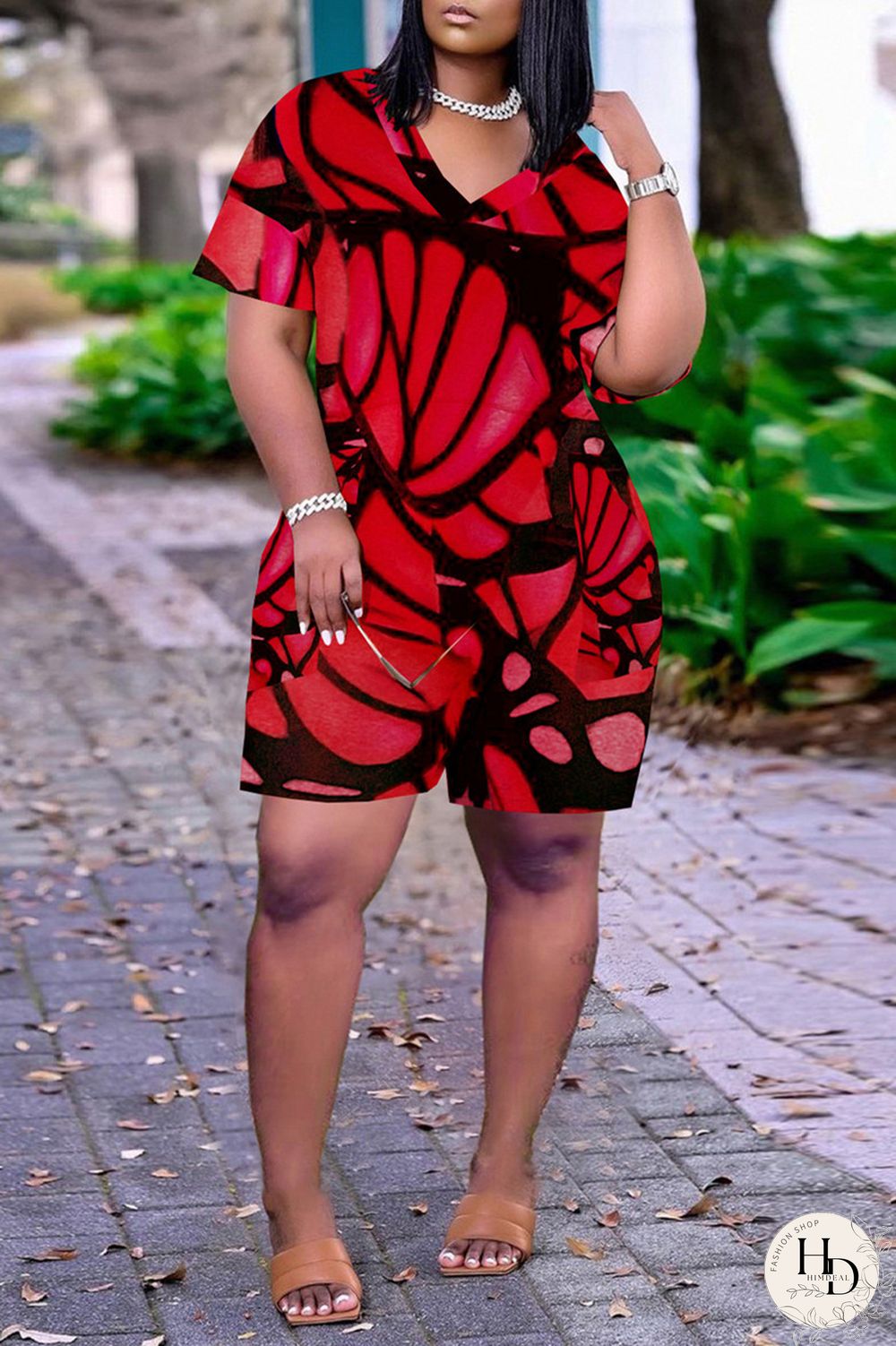 Red Fashion Casual Print Basic V Neck Loose Short Sleeve Romper