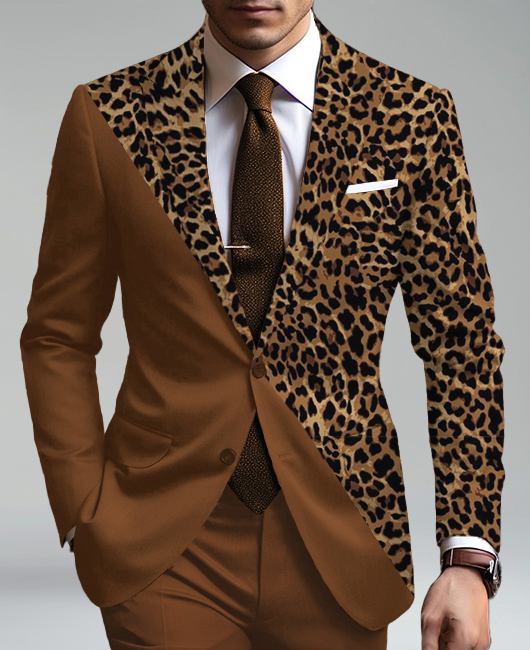 Business Patchwork Leopard Print Peaked Lapel Two Button Blazer