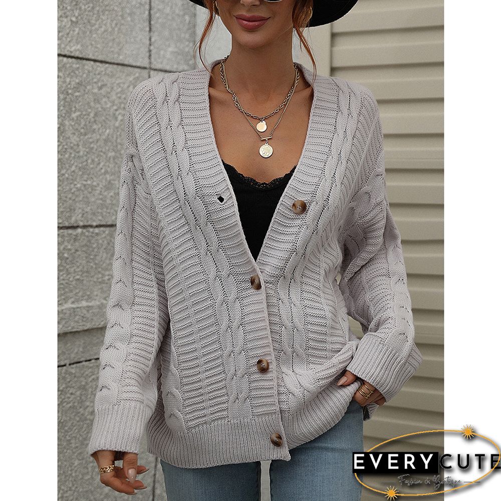 Light Gray Button Loose Cable Knitted Cardigan